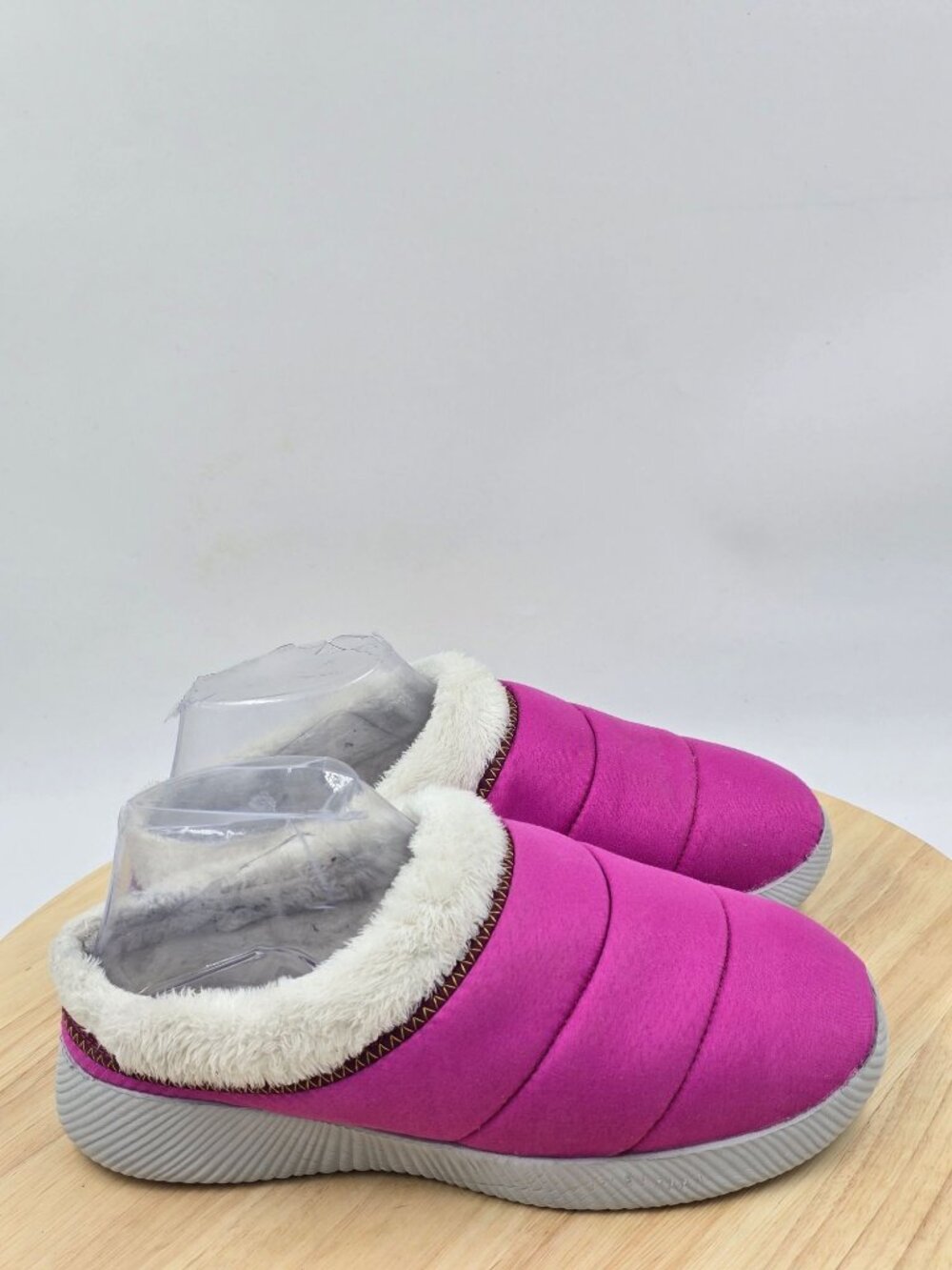 Lands End Womens Quilted Scuff Slippers 7B Pink Faux Fur Lined Indoor Outdoor